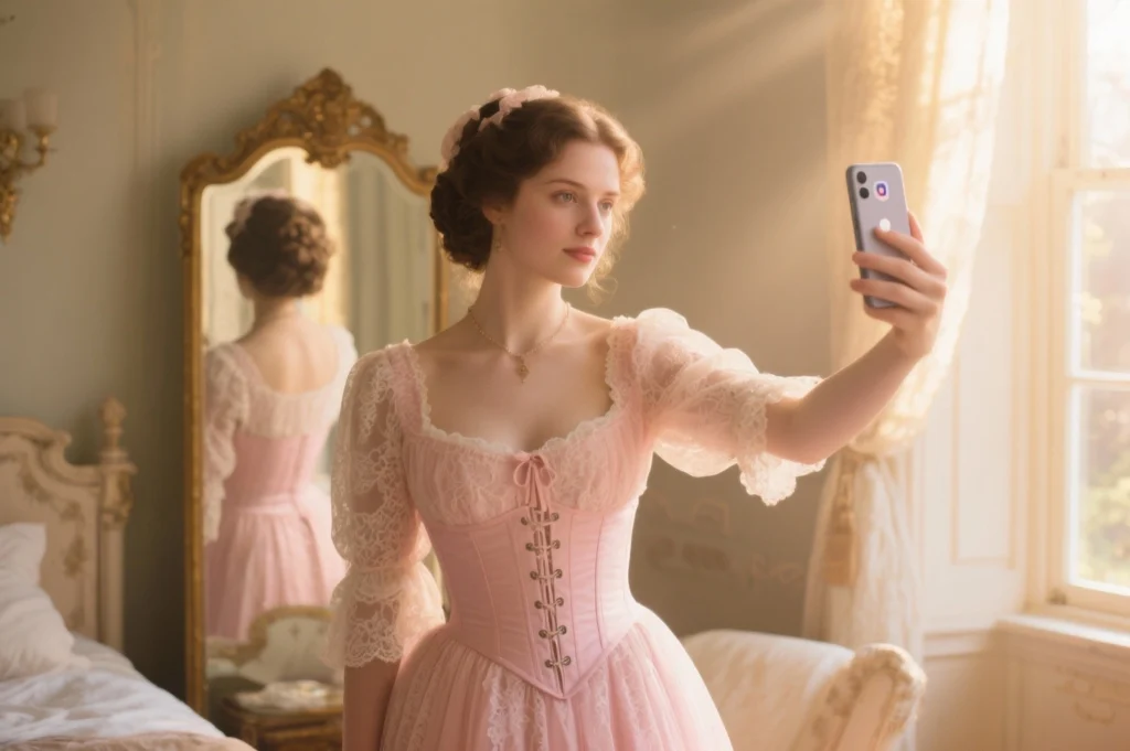 A Victorian woman in a pink lace gown taking a selfie in front of an antique mirror under warm golden light, symbolizing the collision of past elegance and modern technology.